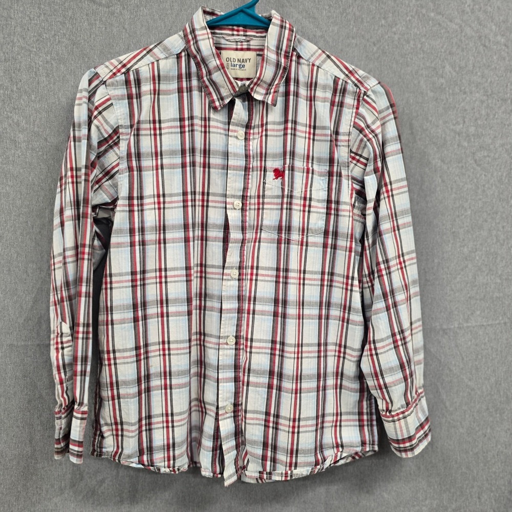 Old Navy Plaid Button Down Shirt Boys Large Red White Blue Lion Logo Long Sleeve